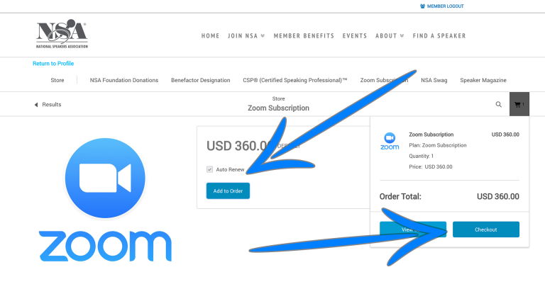 Screenshot showing how to order the Zoom subscription